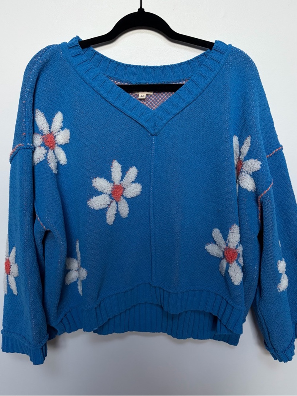 POL daisy floral blue heavy knit sweater coastal Cottagecore size medium